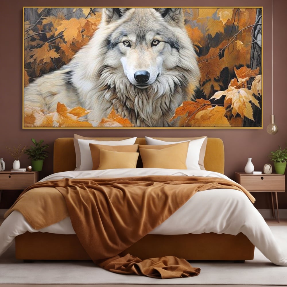 Tablou canvas cu tablou canvas cu lup in toamna, in rama de aluminiu auriu, pe perete intr-un dormitor
